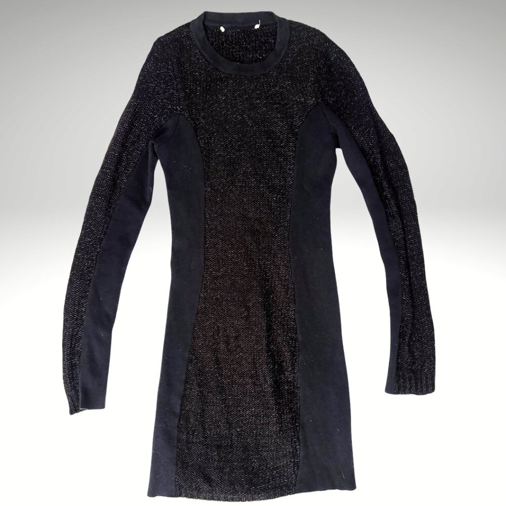 Black Textured Knit Panel Sweater Dress – Sleek Long Sleeve Mini (Size XS)
